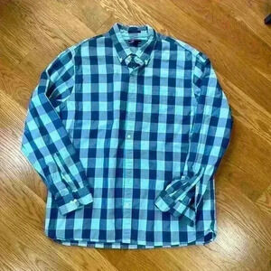 Lands' End Men's Size XL Button Down Blue Buffalo Check Oxford Shirt